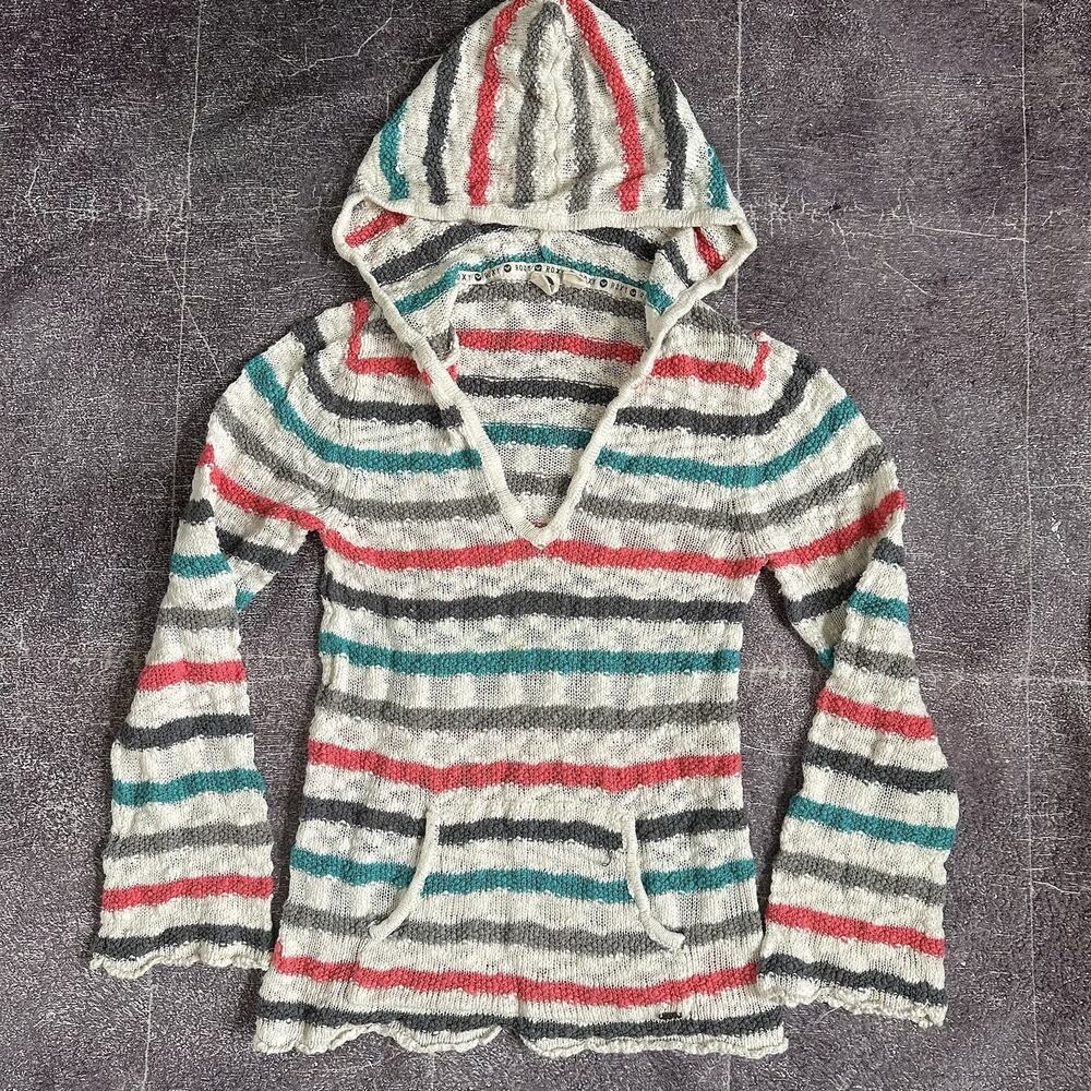 Women's Vintage Y2K Roxy White Pink Striped Surf Beach Hoodie Sweatshirt Sz L